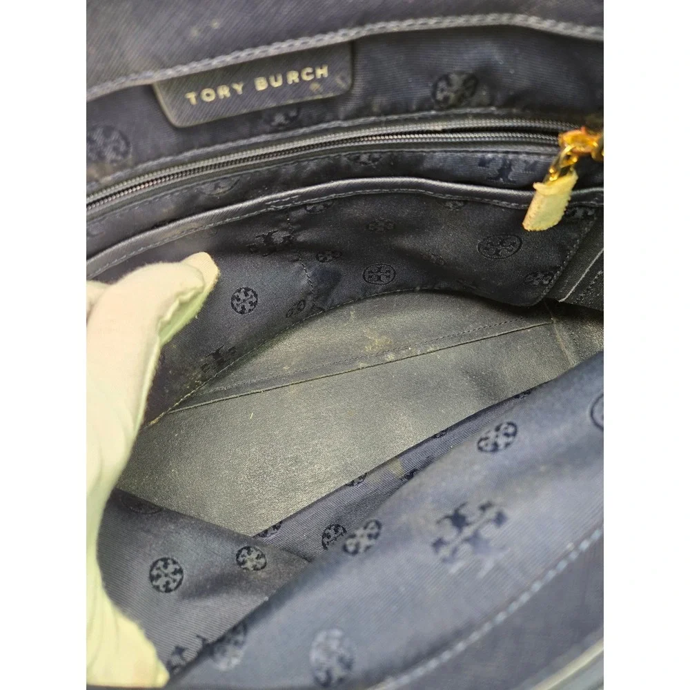 Tory Burch Navy Blue Leather Tote Bag Handbag‎ Purse Satchel Gold Hardware